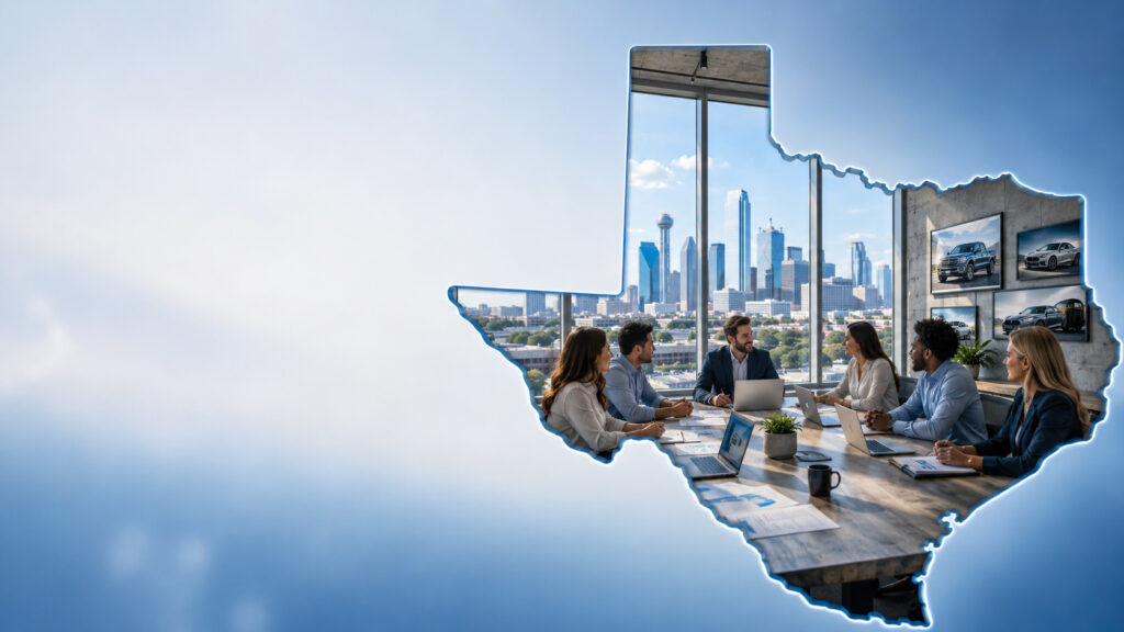 Texas-shaped office meeting scene with a team around a conference table, laptops, city-view windows, and car images on the wall
